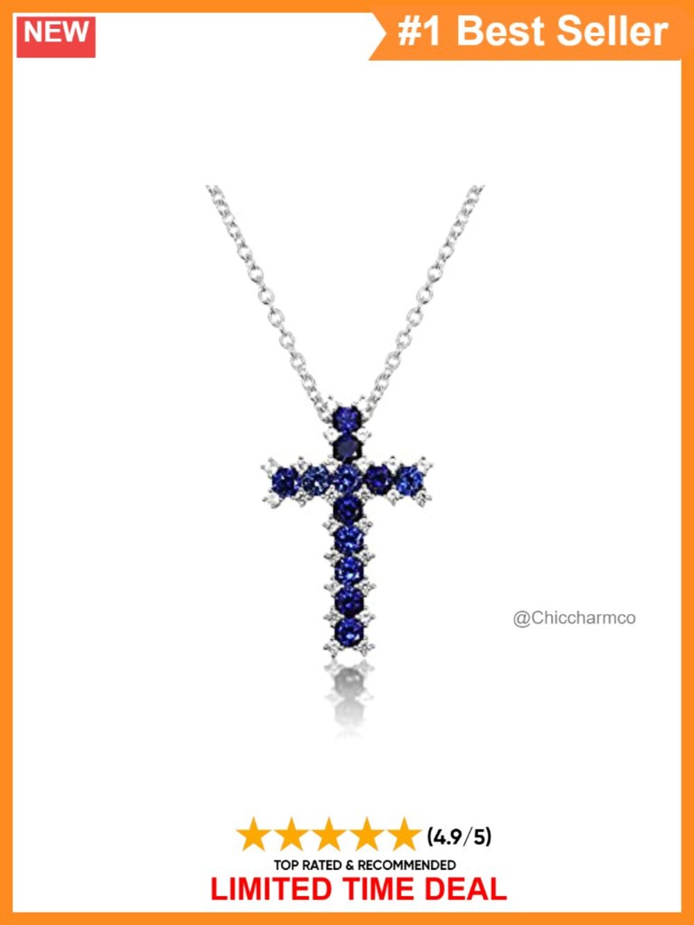 925 Sterling Silver Created Sapphire Cross Pendant Necklace